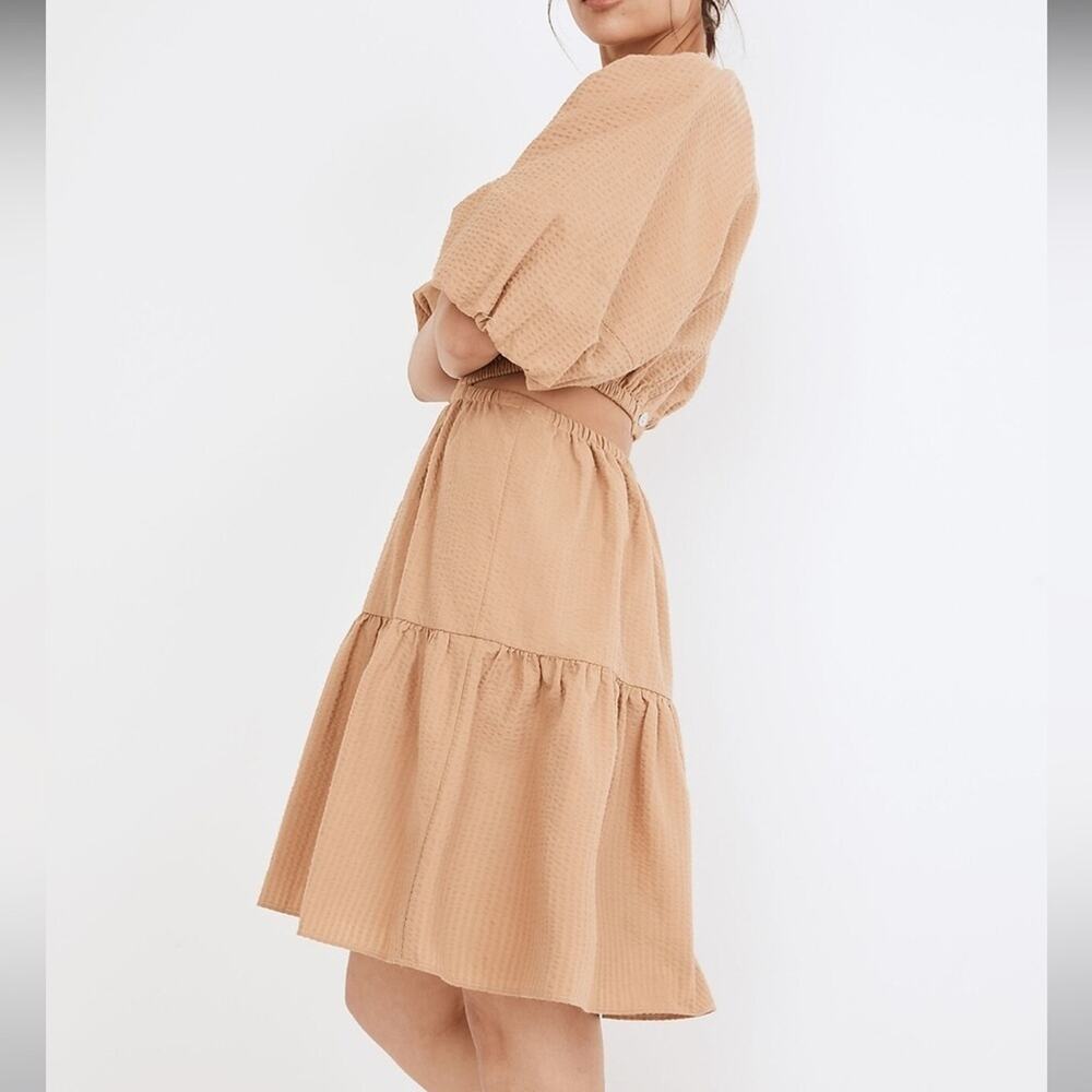 Madewell Seersucker Puff-Sleeve Cutout Mini Dress in Seed Khaki Style NF870 NEW - Picture 7 of 9